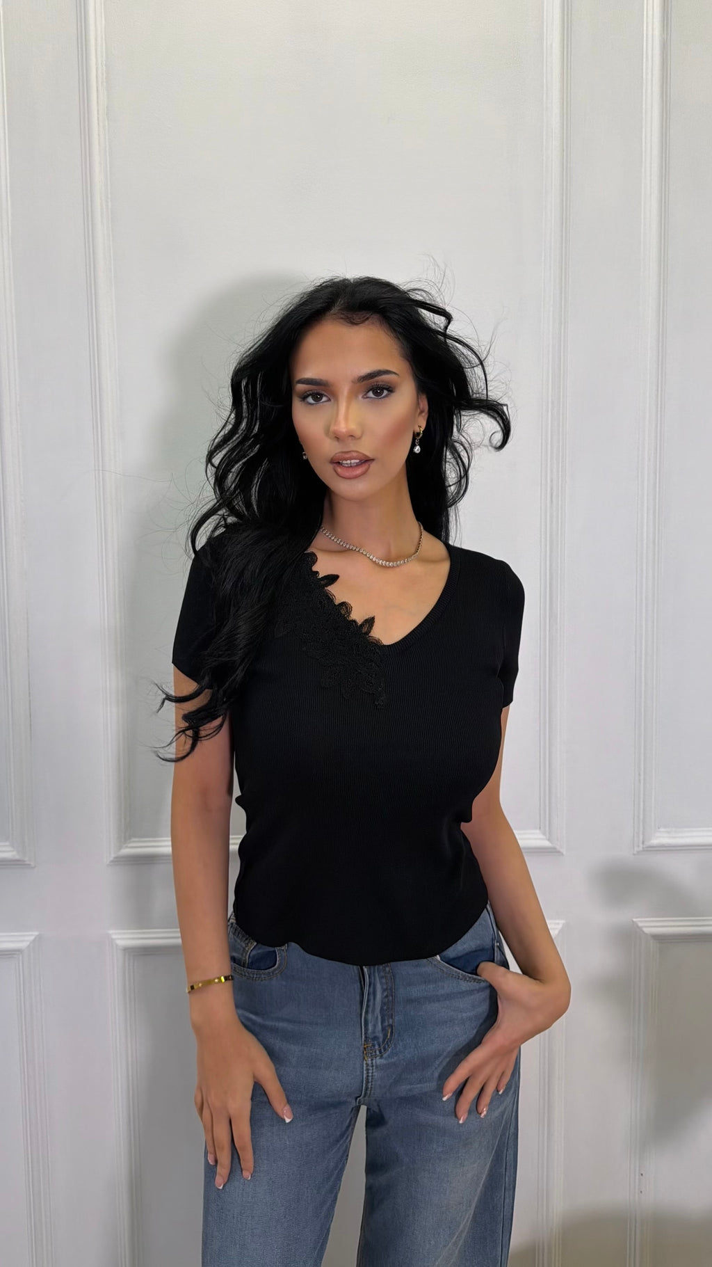 Half Lace Trim Fine Knit V- Neck Top