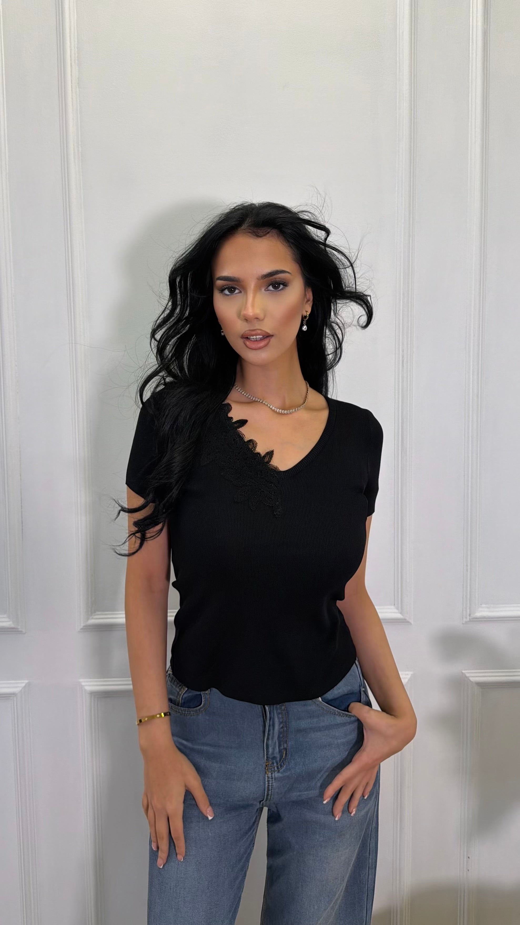 Half Lace Trim Fine Knit V- Neck Top