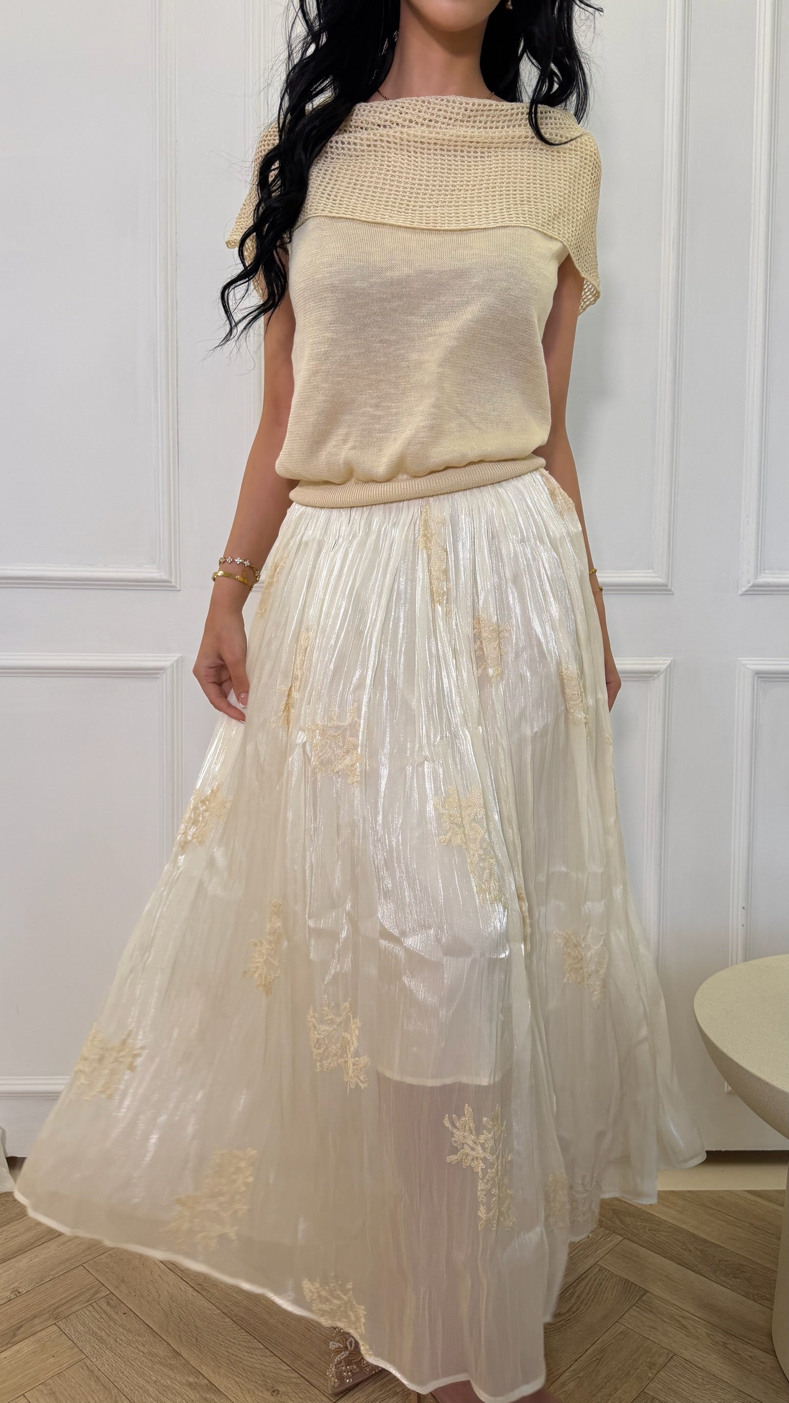 Embroidered Pleated Maxi Skirt