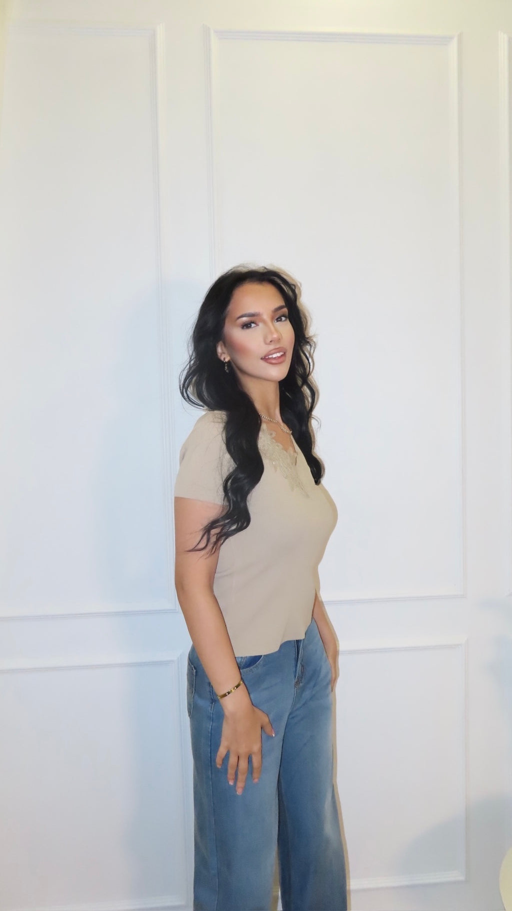 Half Lace Trim Fine Knit V- Neck Top