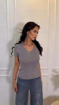 Half Lace Trim Fine Knit V- Neck Top