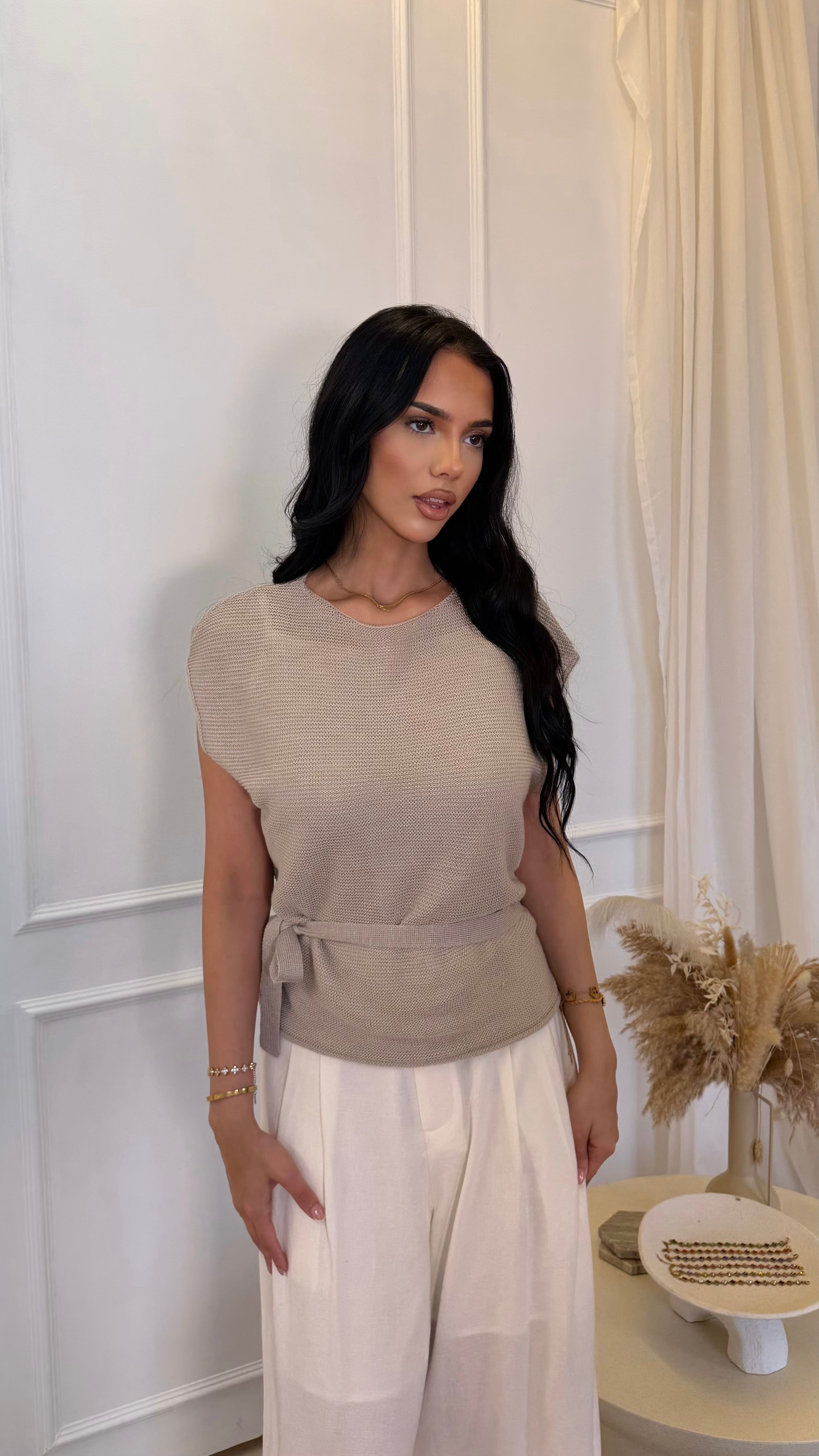 Belted Sleeveless Soft Knit Top