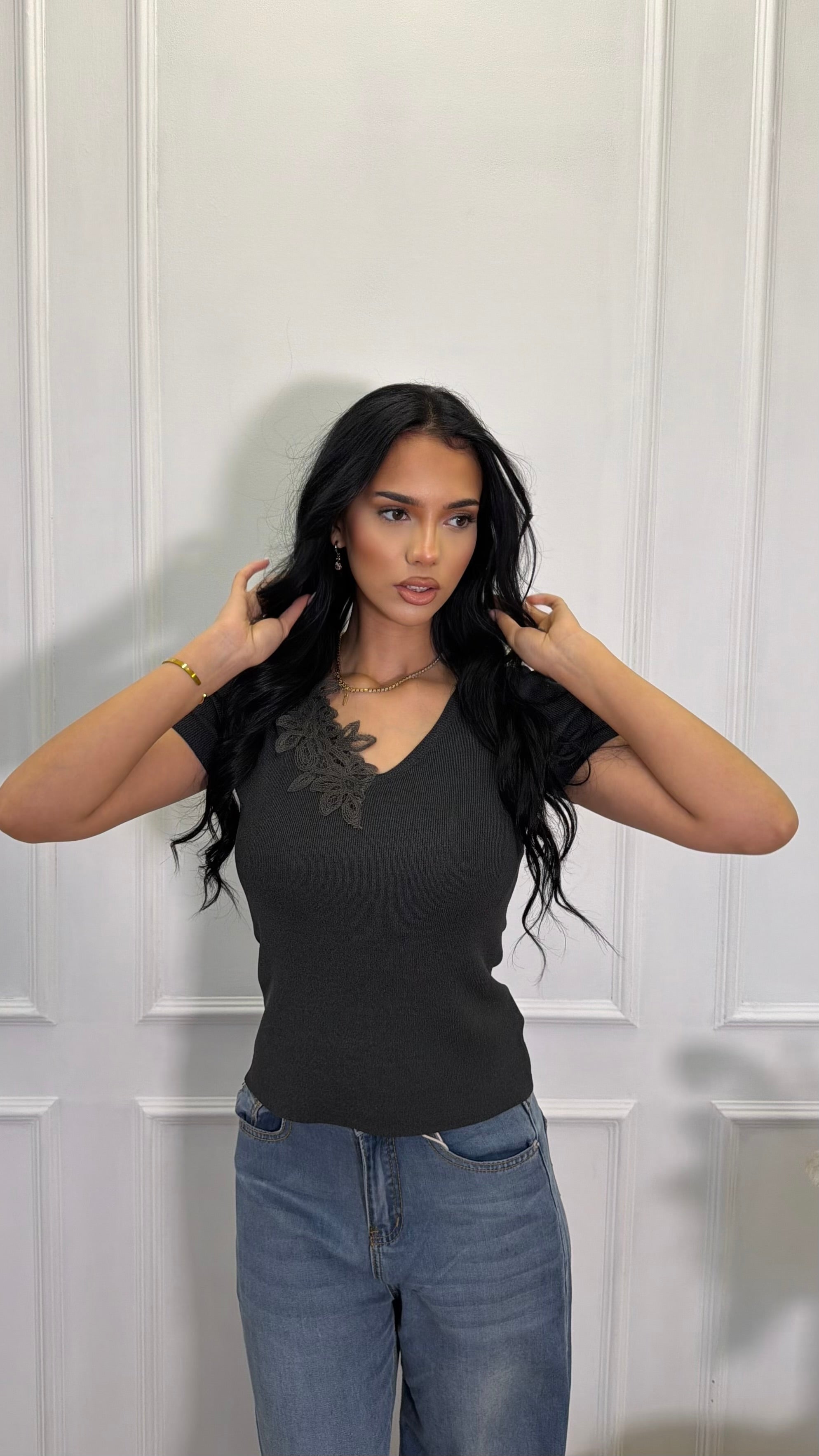 Half Lace Trim Fine Knit V- Neck Top
