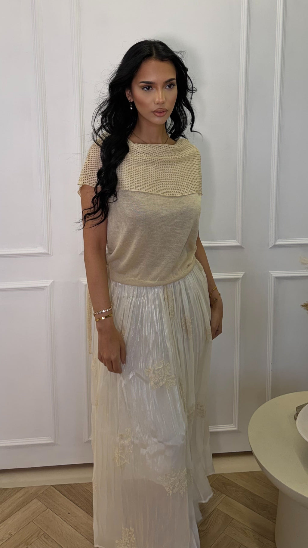Embroidered Pleated Maxi Skirt