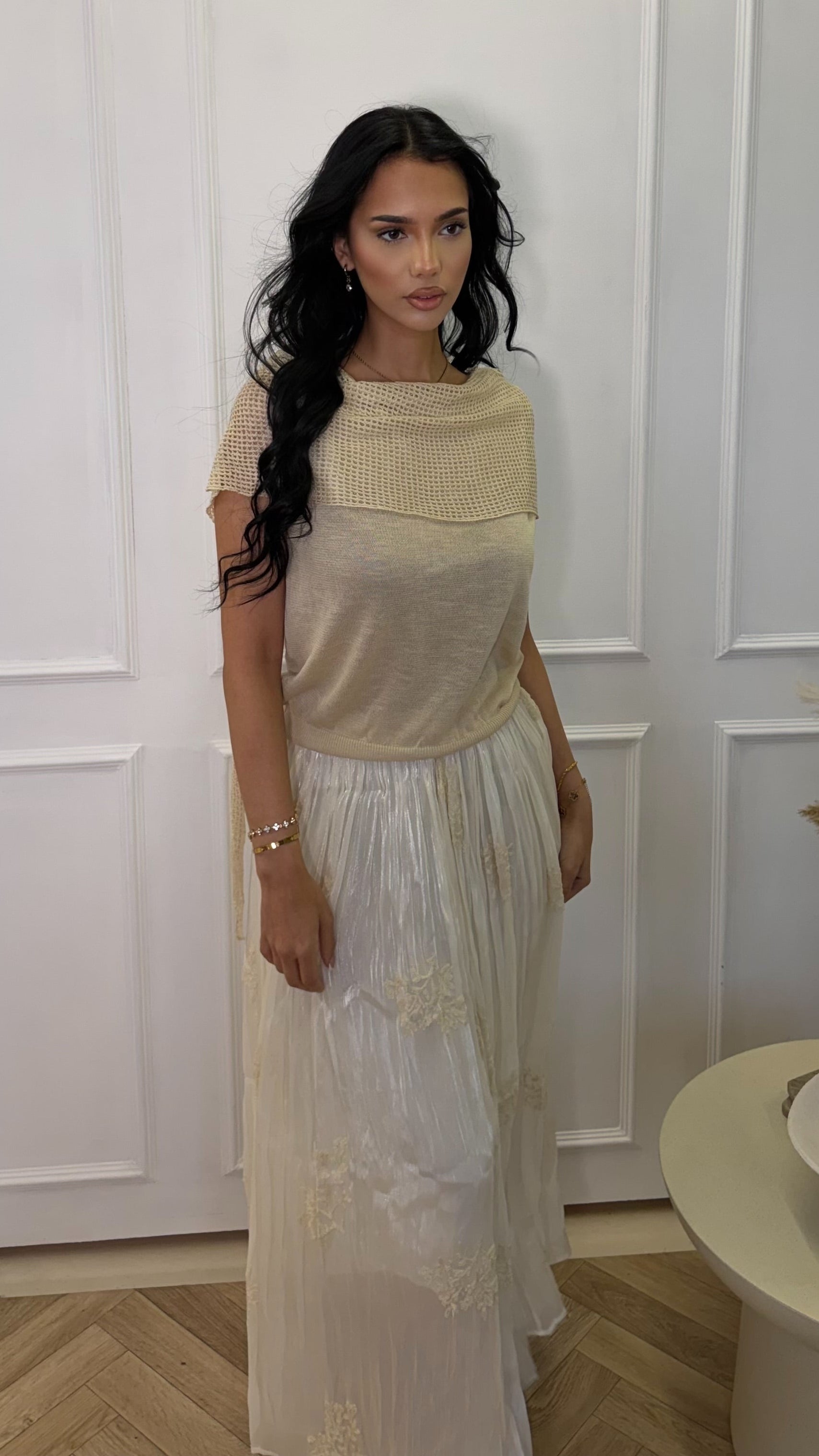 Embroidered Pleated Maxi Skirt