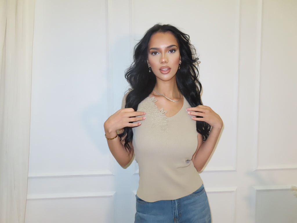Half Lace Trim Fine Knit V- Neck Top