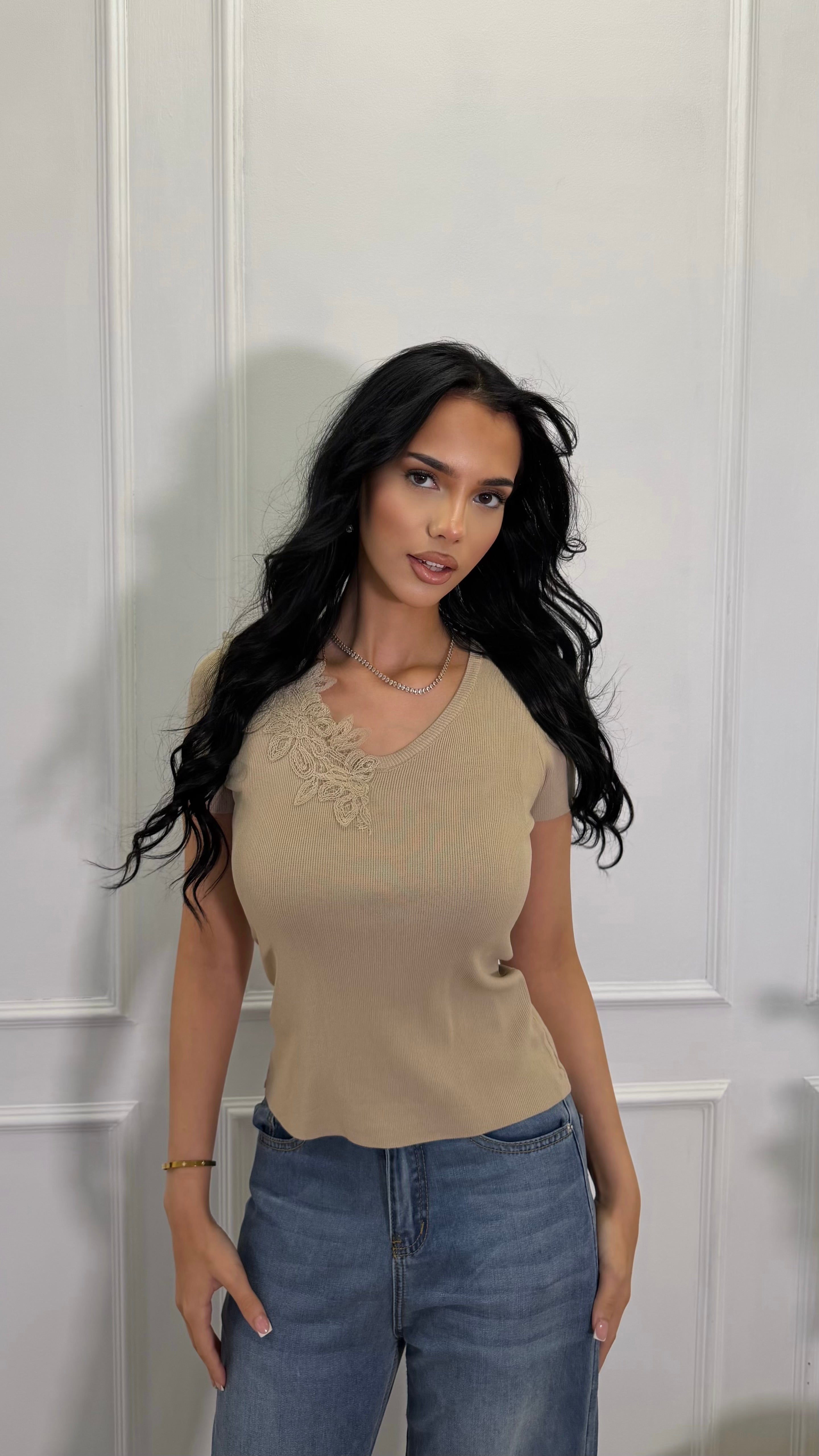 Half Lace Trim Fine Knit V- Neck Top